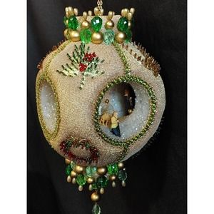 Beautiful Vintage Beaded Handmade Nativity Scene 8" Ornament Hanging